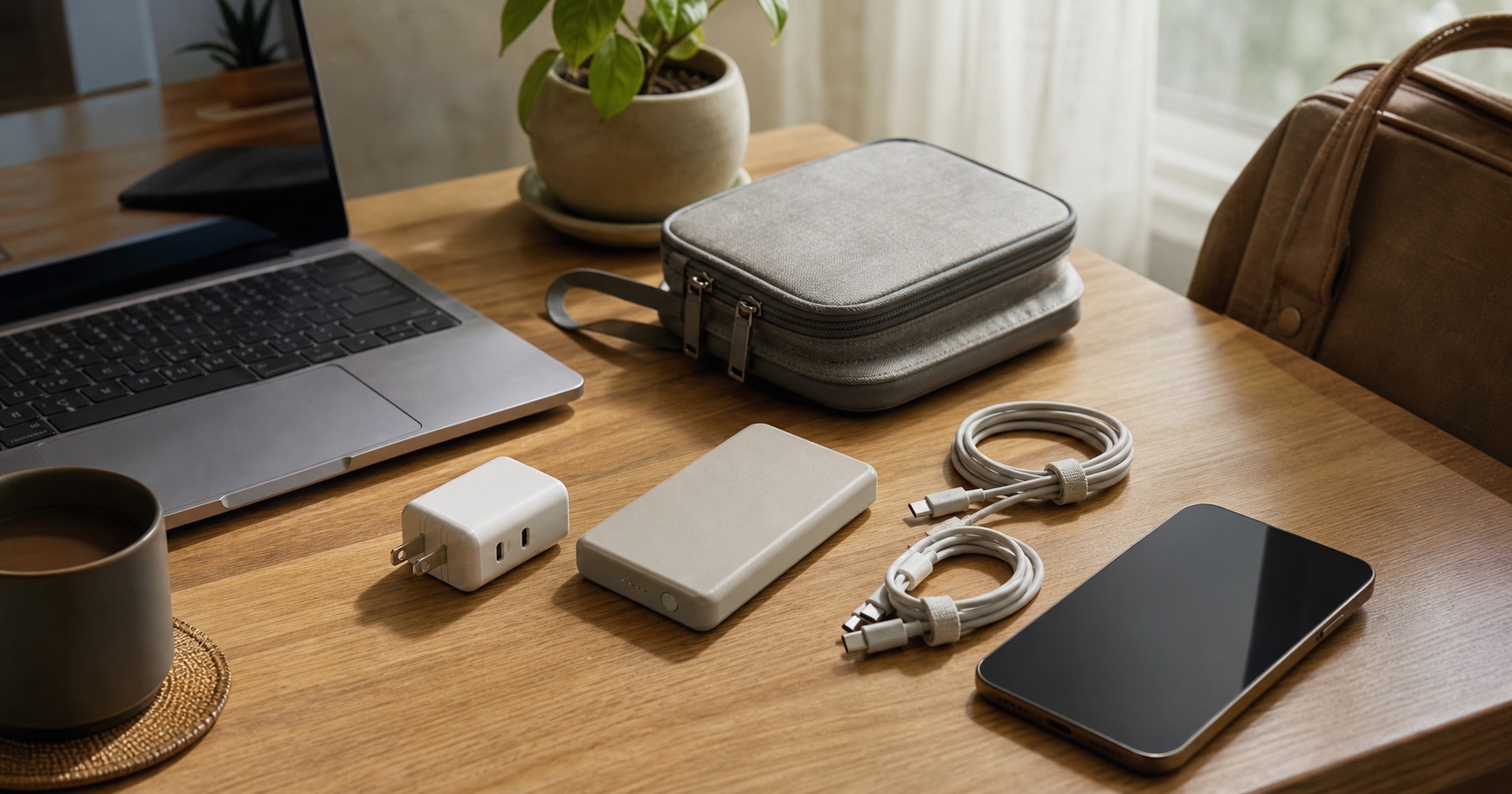 晨光木桌上整齊擺放筆電、手機、行動電源、充電器、USB-C 線材與通勤包，呈現 ANKER 充電配件選購情境