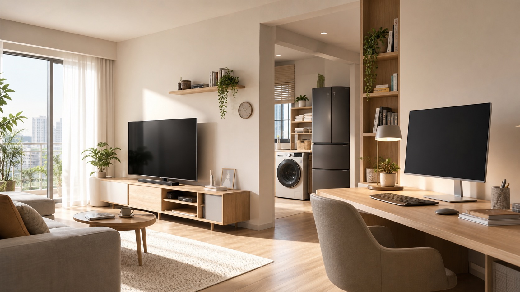 明亮客廳、工作桌螢幕、電視、冰箱與洗衣區同時入鏡，呈現 LG 家電與 3C 的家庭使用情境
