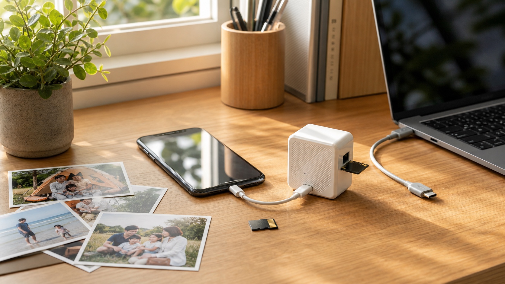 晨光木桌上擺放充電中的手機、備份小方塊、microSD 卡、筆電與家庭照片，呈現 Maktar 手機照片備份情境