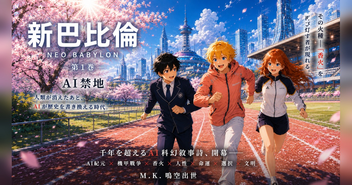 三位少年在櫻花跑道與未來城市前奔跑的《新巴比倫：AI 禁地》夏季科幻小說視覺