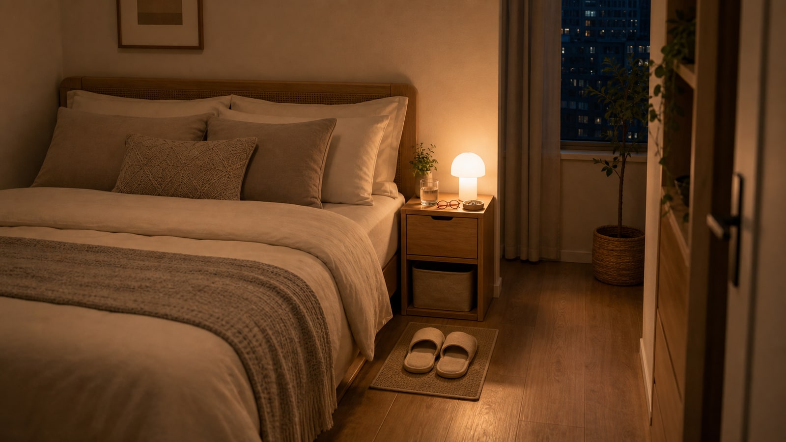 床邊收納、柔和夜燈與安靜睡眠角落